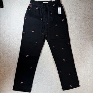 PacSun Jeans Juniors 25 Black High Rise Straight Embroidered Rose Denim Pants